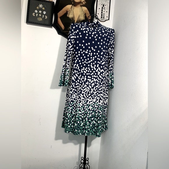 Tiana B. Long sleeve Dress High Neck Blue White Green  fall flowy party nwot - Picture 1 of 3